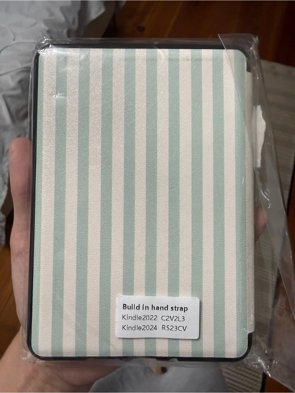 Striped Green & White Kindle Case with Built-in Hand Strap